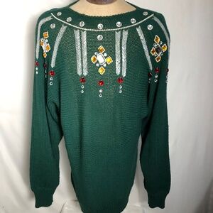 Women’s Vintage Green Embellished Holiday Sweater. Size Large.